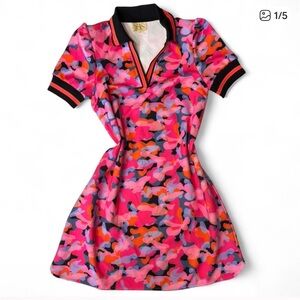 Ribbed Pink and Black Polo Collar Mini Dress Small Spandex Neoprene